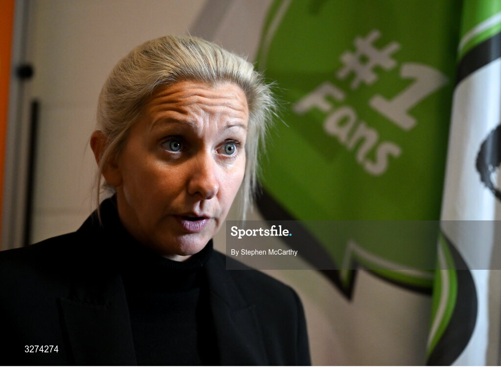 28 October 2025; Republic of Ireland head coach Carla Ward is interviewed by RTÉ before the UEFA Women's Nations League A/B promotion/relegation play-off second leg match between Belgium and Republic of Ireland at The King Power At Den Dreef Stadium in Leuven, Belgium. Photo by Stephen McCarthy/Sportsfile