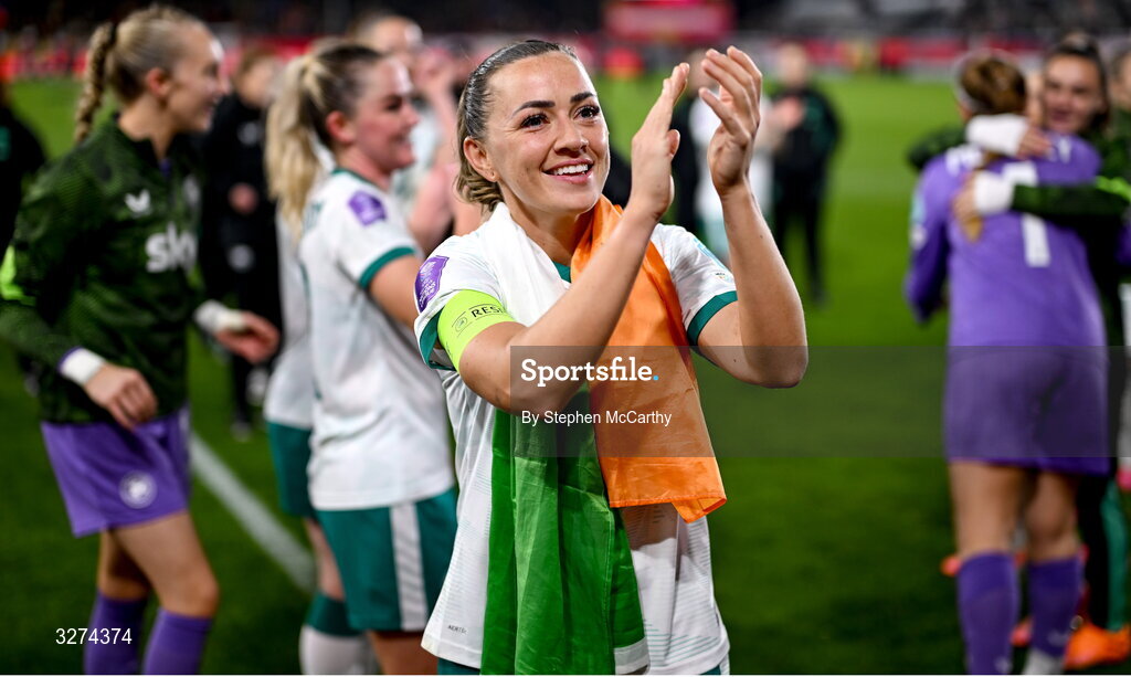 28 October 2025; Republic of Ireland captain Katie McCabe celebrates after the UEFA Women's Nations League A/B promotion/relegation play-off second leg match between Belgium and Republic of Ireland at The King Power At Den Dreef Stadium in Leuven, Belgium. Photo by Stephen McCarthy/Sportsfile