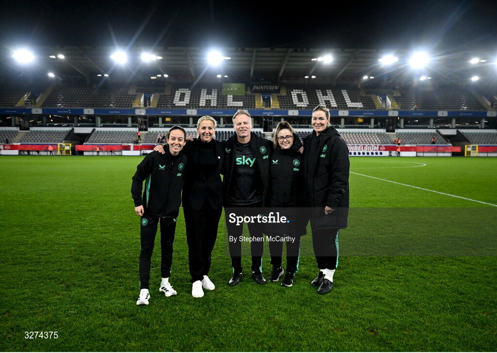 28 October 2025; Republic of Ireland technical staff, from left, assistant coach Amber Whiteley, head coach Carla Ward, assistant head coach Alan Mahon, performance analyst Rhianna Farr and goalkeeping coach Emma Byrne after the UEFA Women's Nations League A/B promotion/relegation play-off second leg match between Belgium and Republic of Ireland at The King Power At Den Dreef Stadium in Leuven, Belgium. Photo by Stephen McCarthy/Sportsfile