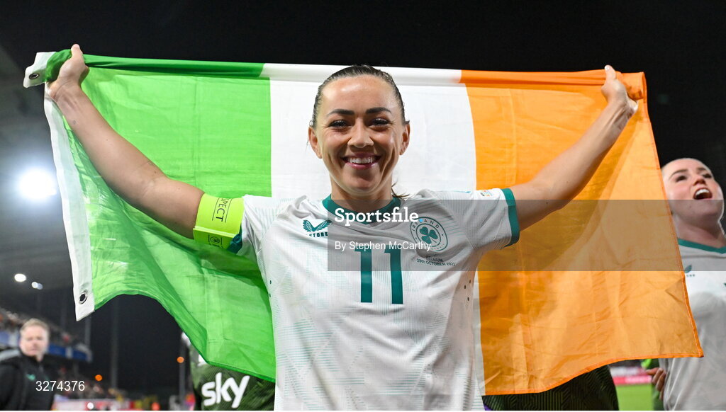 28 October 2025; Republic of Ireland captain Katie McCabe celebrates after the UEFA Women's Nations League A/B promotion/relegation play-off second leg match between Belgium and Republic of Ireland at The King Power At Den Dreef Stadium in Leuven, Belgium. Photo by Stephen McCarthy/Sportsfile