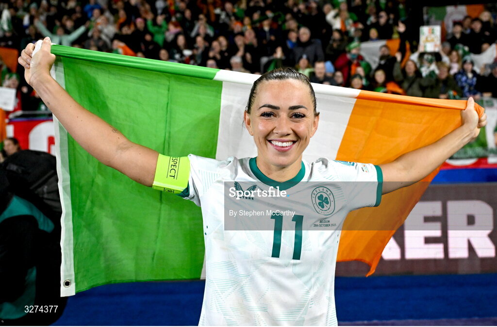 28 October 2025; Republic of Ireland captain Katie McCabe celebrates after the UEFA Women's Nations League A/B promotion/relegation play-off second leg match between Belgium and Republic of Ireland at The King Power At Den Dreef Stadium in Leuven, Belgium. Photo by Stephen McCarthy/Sportsfile