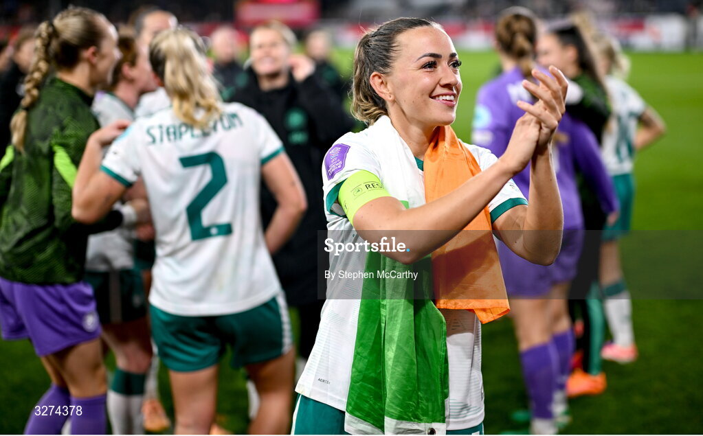28 October 2025; Republic of Ireland captain Katie McCabe celebrates after the UEFA Women's Nations League A/B promotion/relegation play-off second leg match between Belgium and Republic of Ireland at The King Power At Den Dreef Stadium in Leuven, Belgium. Photo by Stephen McCarthy/Sportsfile