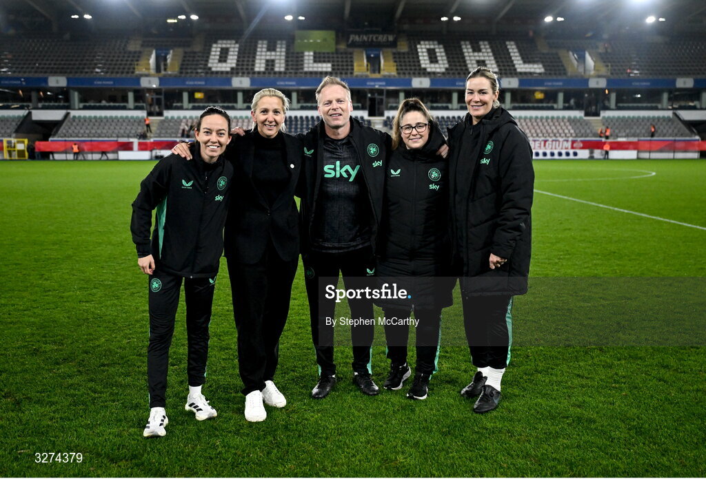 28 October 2025; Republic of Ireland technical staff, from left, assistant coach Amber Whiteley, head coach Carla Ward, assistant head coach Alan Mahon, performance analyst Rhianna Farr and goalkeeping coach Emma Byrne after the UEFA Women's Nations League A/B promotion/relegation play-off second leg match between Belgium and Republic of Ireland at The King Power At Den Dreef Stadium in Leuven, Belgium. Photo by Stephen McCarthy/Sportsfile