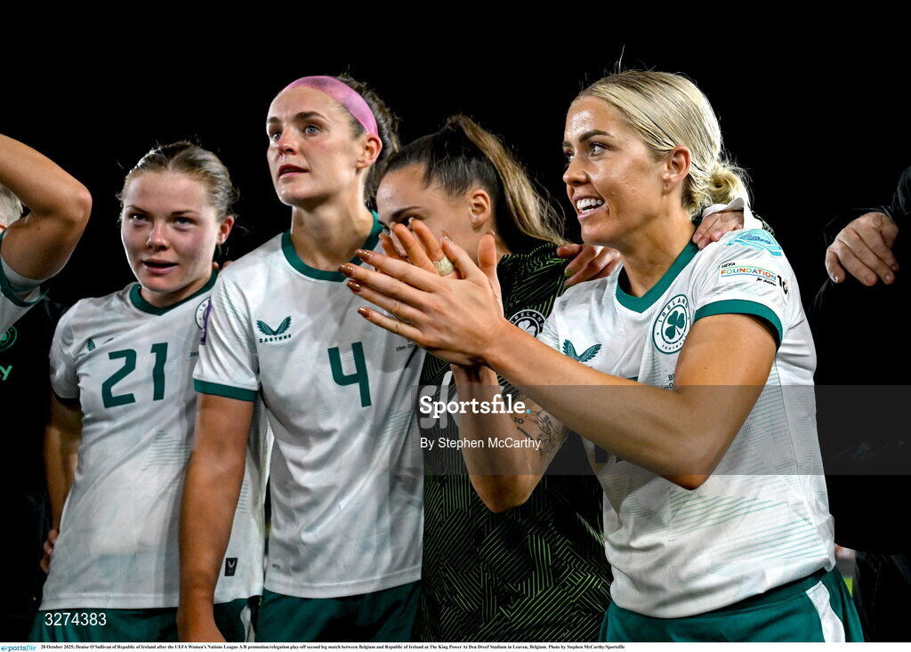 28 October 2025; Denise O’Sullivan of Republic of Ireland after the UEFA Women's Nations League A/B promotion/relegation play-off second leg match between Belgium and Republic of Ireland at The King Power At Den Dreef Stadium in Leuven, Belgium. Photo by Stephen McCarthy/Sportsfile