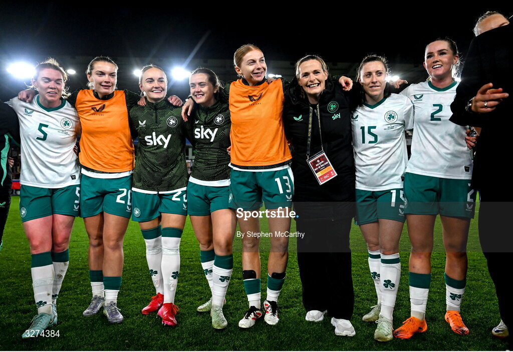 28 October 2025; Republic of Ireland players, from left, Aoife Mannion, Saoirse Noonan, Izzy Atkinson, Tyler Toland, Hayley Nolan, team operations coordinator Denise McElhinney, Lucy Quinn and Jessie Stapleton after the UEFA Women's Nations League A/B promotion/relegation play-off second leg match between Belgium and Republic of Ireland at The King Power At Den Dreef Stadium in Leuven, Belgium. Photo by Stephen McCarthy/Sportsfile