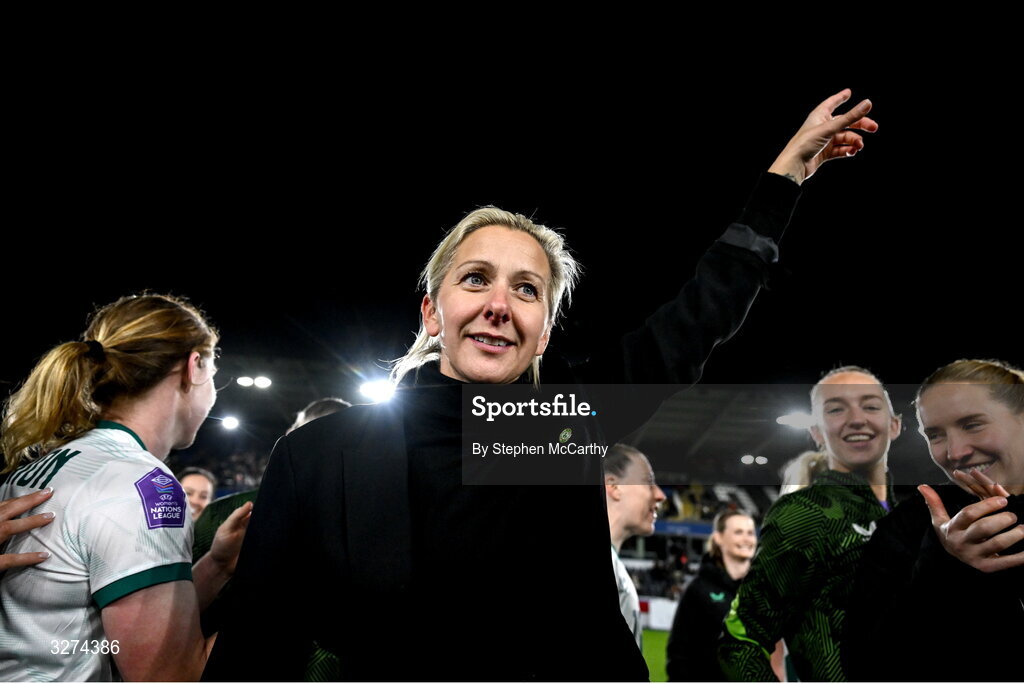 28 October 2025; Republic of Ireland head coach Carla Ward celebrates after the UEFA Women's Nations League A/B promotion/relegation play-off second leg match between Belgium and Republic of Ireland at The King Power At Den Dreef Stadium in Leuven, Belgium. Photo by Stephen McCarthy/Sportsfile