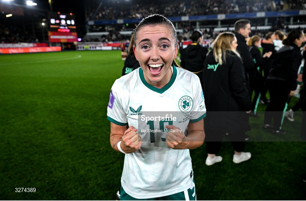 28 October 2025; Abbie Larkin of Republic of Ireland celebrates after the UEFA Women's Nations League A/B promotion/relegation play-off second leg match between Belgium and Republic of Ireland at The King Power At Den Dreef Stadium in Leuven, Belgium. Photo by Stephen McCarthy/Sportsfile