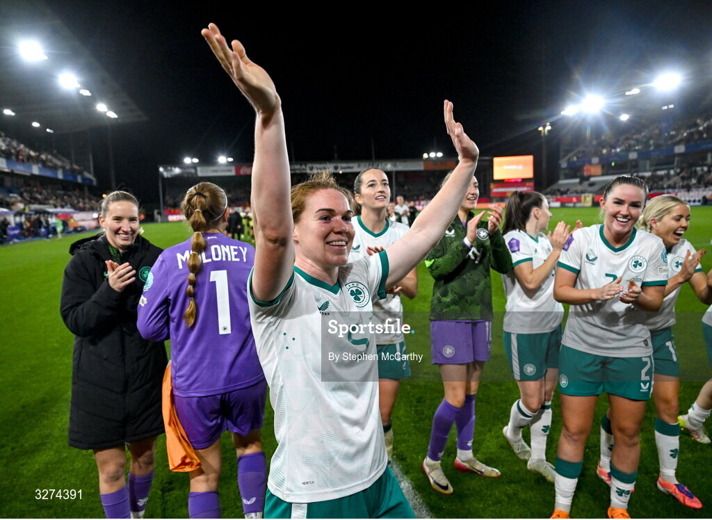 28 October 2025; Aoife Mannion of Republic of Ireland celebrates after the UEFA Women's Nations League A/B promotion/relegation play-off second leg match between Belgium and Republic of Ireland at The King Power At Den Dreef Stadium in Leuven, Belgium. Photo by Stephen McCarthy/Sportsfile