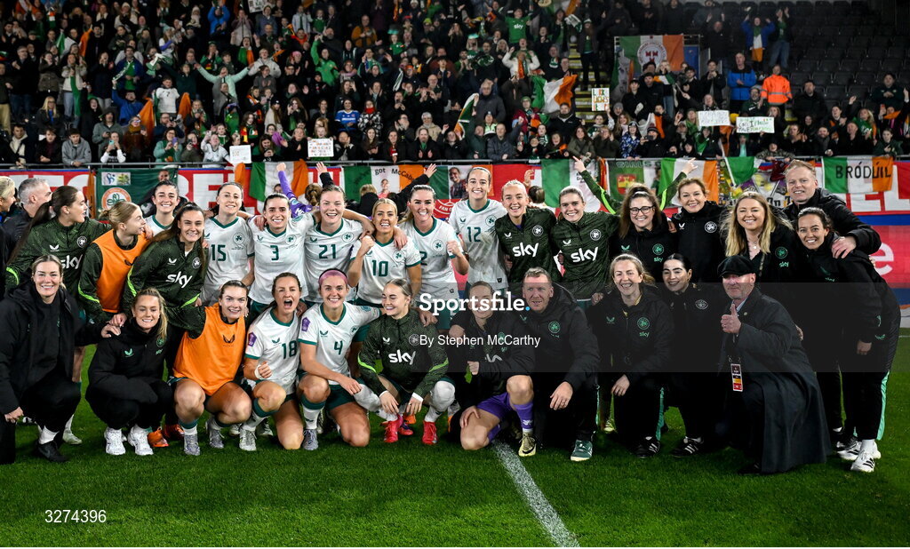 28 October 2025; Republic of Ireland players and staff celebrate after the UEFA Women's Nations League A/B promotion/relegation play-off second leg match between Belgium and Republic of Ireland at The King Power At Den Dreef Stadium in Leuven, Belgium. Photo by Stephen McCarthy/Sportsfile