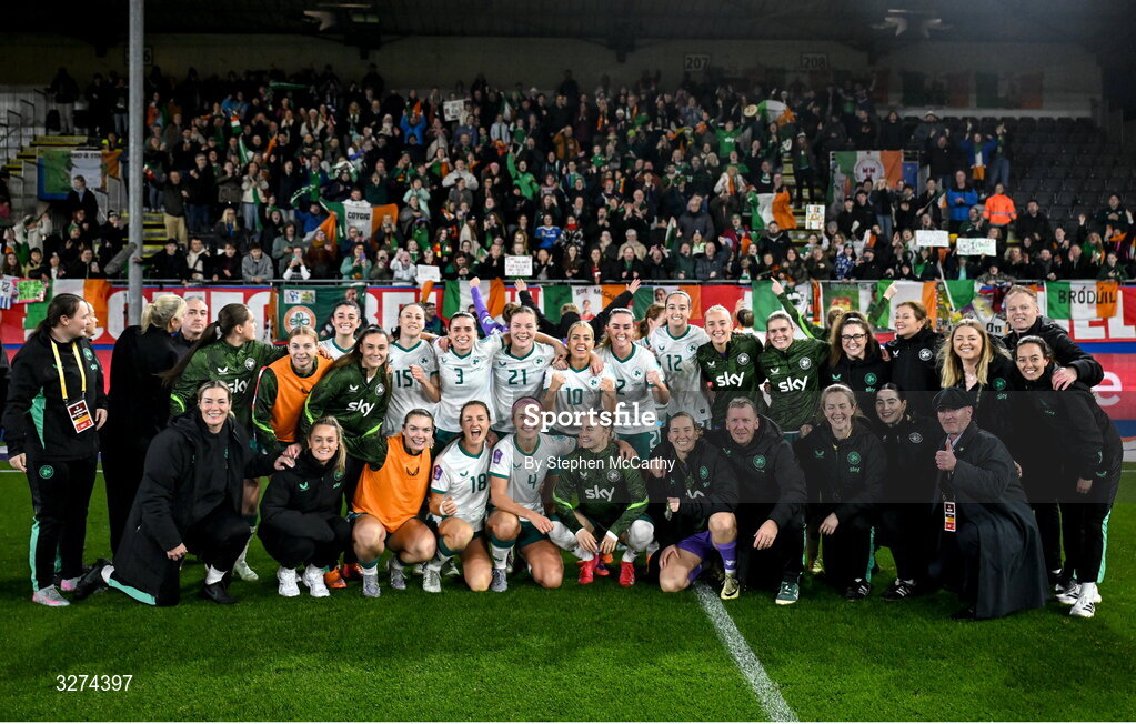 28 October 2025; Republic of Ireland players and staff celebrate after the UEFA Women's Nations League A/B promotion/relegation play-off second leg match between Belgium and Republic of Ireland at The King Power At Den Dreef Stadium in Leuven, Belgium. Photo by Stephen McCarthy/Sportsfile