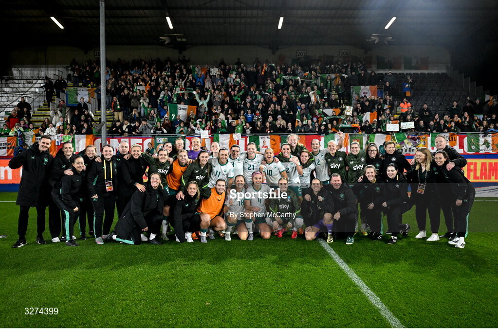 28 October 2025; Republic of Ireland players and staff celebrate after the UEFA Women's Nations League A/B promotion/relegation play-off second leg match between Belgium and Republic of Ireland at The King Power At Den Dreef Stadium in Leuven, Belgium. Photo by Stephen McCarthy/Sportsfile