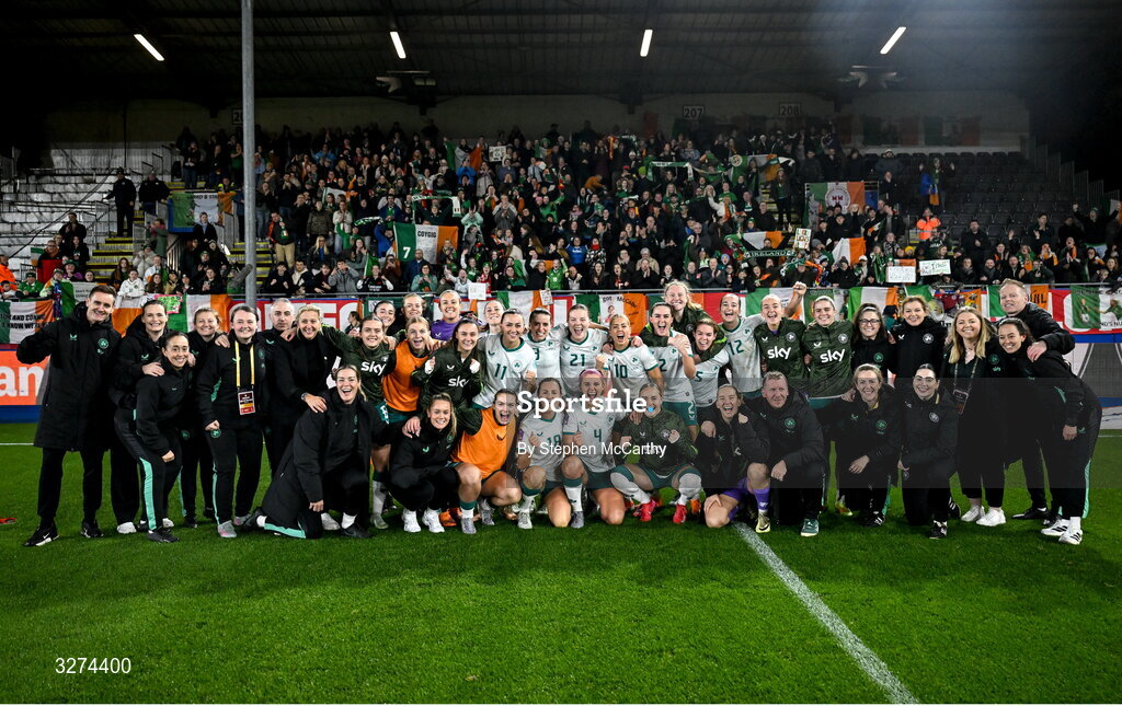28 October 2025; Republic of Ireland players and staff celebrate after the UEFA Women's Nations League A/B promotion/relegation play-off second leg match between Belgium and Republic of Ireland at The King Power At Den Dreef Stadium in Leuven, Belgium. Photo by Stephen McCarthy/Sportsfile