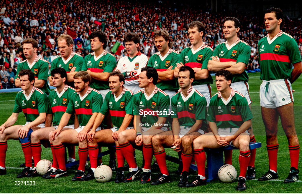 17 September 1989; The Mayo team, back, from left, Michael Fitzmaurice, Jimmy Burke, Peter Forde, Garbiel Irwin, Willie Joe Padden, TJ Kilgallon, Sean Maher and Liam MacHale, with, front, from left, Greg Maher, Noel Durkin, Michael Collins, Jimmy Browne, Dermot Flanagan, John Finn and Kevin McStay before the All-Ireland Senior Football Championship Final between Cork and Mayo at Croke Park in Dublin. Photo Ray McManus/Sportsfile