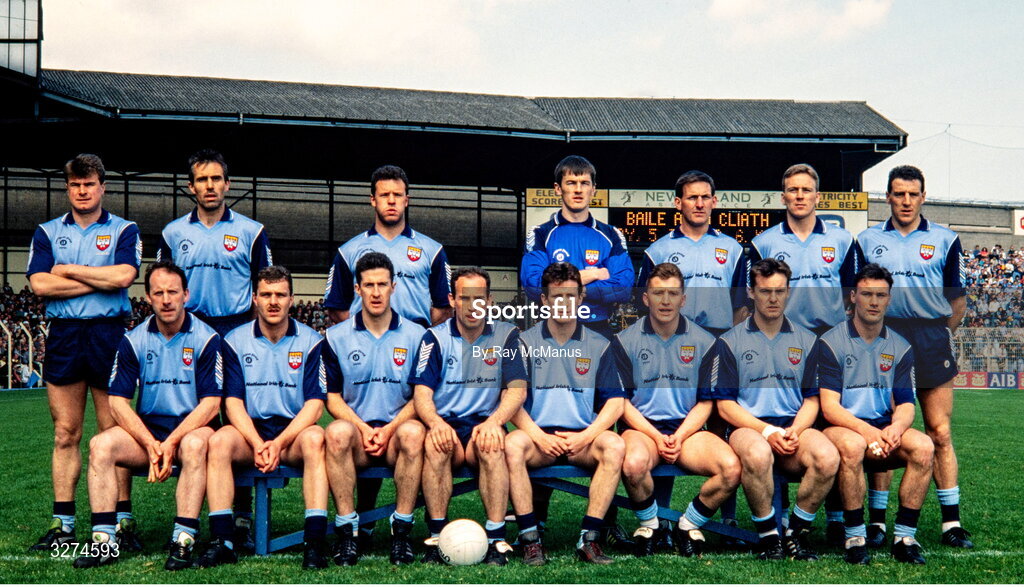 5 May 1991; Dublin team, back, from left, Charlie Redmond, David Foran, Vinny Murphy, John O'Leary, Mick Deegan, Keith Barr and Jack Sheedy, with, front, from left, Mick Kennedy, Ciaran Walsh, Paul Clarke, Tommy Carr, Niall Guiden, Eamonn Heary, Donal McCarthy and Paul Curran before the Royal Liver National Football League Final match between Dublin and Kildare at Croke Park in Dublin. Photo by Ray McManus/Sportsfile
