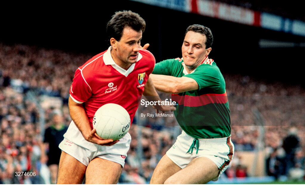 17 September 1989; Mick Slocum of Cork in action against Sean Maher of Mayo during the All-Ireland Senior Football Championship Final between Cork and Mayo at Croke Park in Dublin. Photo Ray McManus/Sportsfile