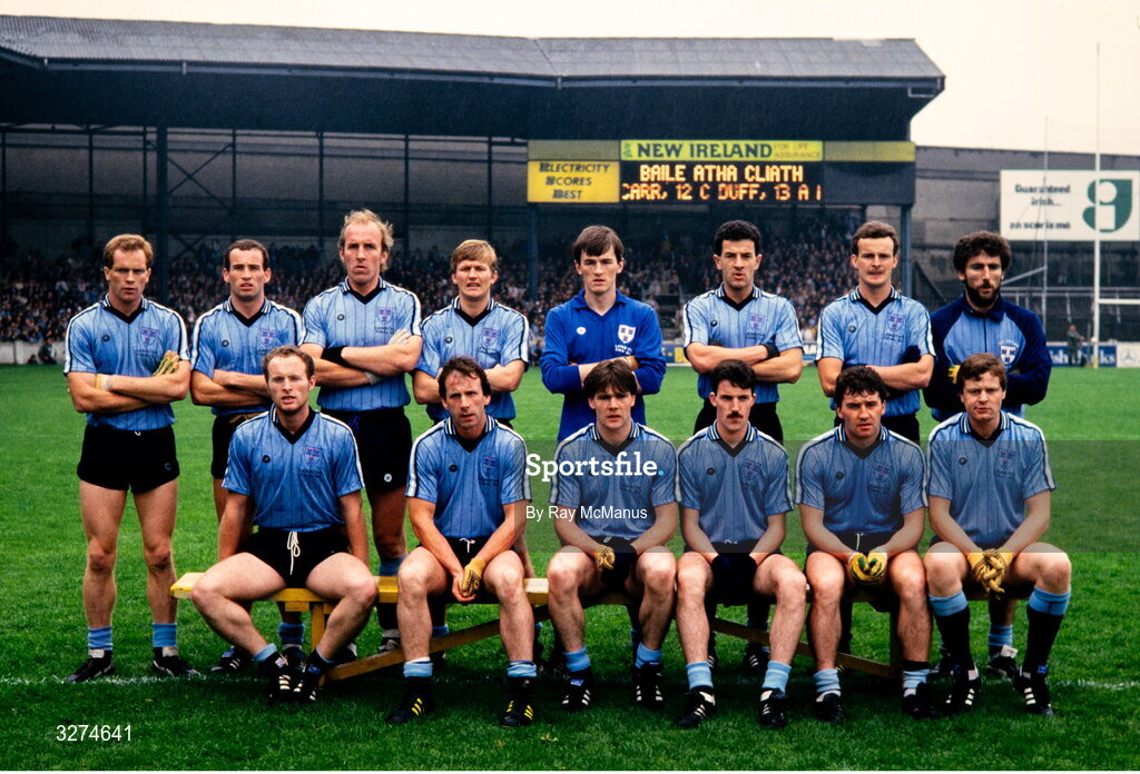 28 July 1985; The Dublin team, back, from left, Barney Rock, Tommy Carr, Brian Mullins, Ray Hazley, John O'Leary, Gerry Hargan, John Caffrey and Ciaran Duff, with, front, from left, Noel McCaffrey, Mick Kennedy, Pat Canavan, Dave Synnott, Anto McCaul and Jim Ronayne ahead of the Leinster Football Championship Final match between Dublin and Laois at Croke Park, Dublin. Photo by Ray McManus/Sportsfile