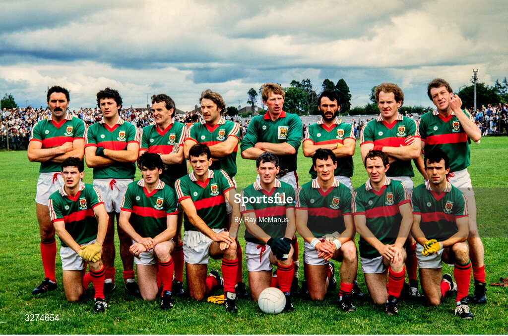 14 July 1985; Mayo team, back row, from left, Sean Lowry, Peter Forde, Martin Carney, Willie Joe Padden, Eugene Lavin, Frank Noone, Jimmy Burke and TJ Kilgallon, with, front, from left, Kevin McStay, Noel Durcan, John Maughan, Henry Gavin, Dermot Flanagan, Eugene McHale and John Finn before the Connacht GAA Football Senior Championship Final match between Roscommon and Mayo at Dr Hyde Park in Roscommon. Photo by Ray McManus/Sportsfile