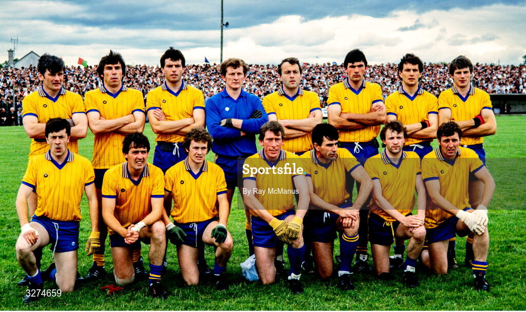 14 July 1985; Roscommon team, back, from left, Harry Keegan, Pat Lindsay, Paul Earley, Gay Sheerin, Gerry Fitzmaurice, Seamus Killoran, Paul Hickey and Gerry Connellan, with, front, from left, Padraic McNeill, Tony McManus, Tom Og O'Brien, Seamus Hayden, Dermot Earley, Adrian Garvey and Eamon McManus before the Connacht GAA Football Senior Championship Final match between Roscommon and Mayo at Dr Hyde Park in Roscommon. Photo by Ray McManus/Sportsfile