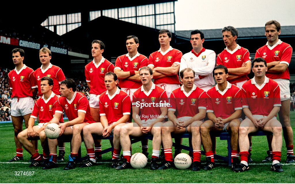 16 September 1990; The Cork team, back row from left, Mick Slocum, Teddy McCarthy, Barry Coffey, Danny Culloty, Shay Fahy, John Kerins, Conor Counihan, Colm O'Neill, with front, from left, Paul McGrath, Steven O'Brien, Niall Cahalane, Larry Tompkins, Dave Barry, Tony Nation and Michael McCarthy before the All-Ireland Senior Football Championship Final match between Cork and Meath at Croke Park in Dublin. Photo by Ray McManus/Sportsfile