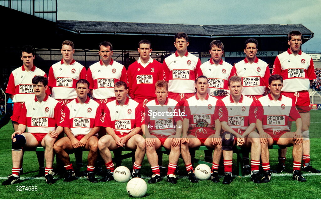 22 August 1993; The Derry team, back, from left, Joe Brolly, Dermot Heaney, Danny Quinn, Damien McCusker, Anthony Tohill, Tony Scullion, Damien Barton and Brian McGilligan, with, front, from left, Enda Gormley, John McGurk, Henry Downey, Kieran McKeever, Gary Coleman, Seamus Downey and Damien Cassidy before the Bank of Ireland All-Ireland Senior Football Championship Semi-Final match between Derry and Dublin at Croke Park in Dublin. Photo by Ray McManus/Sportsfile