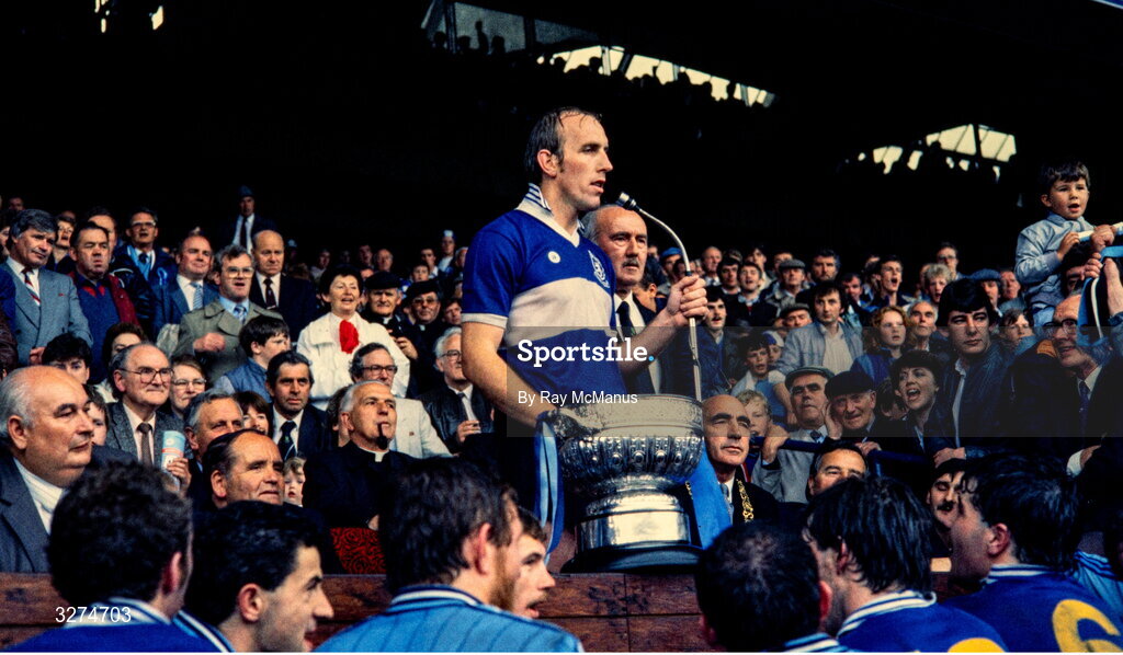 28 July 1985; Dublin captain Brian Mullins, wearing a Laois jersey, makes his speech after the Leinster Senior Football Championship Final match between Dublin and Laois at Croke Park in Dublin. Photo by Ray McManus/Sportsfile