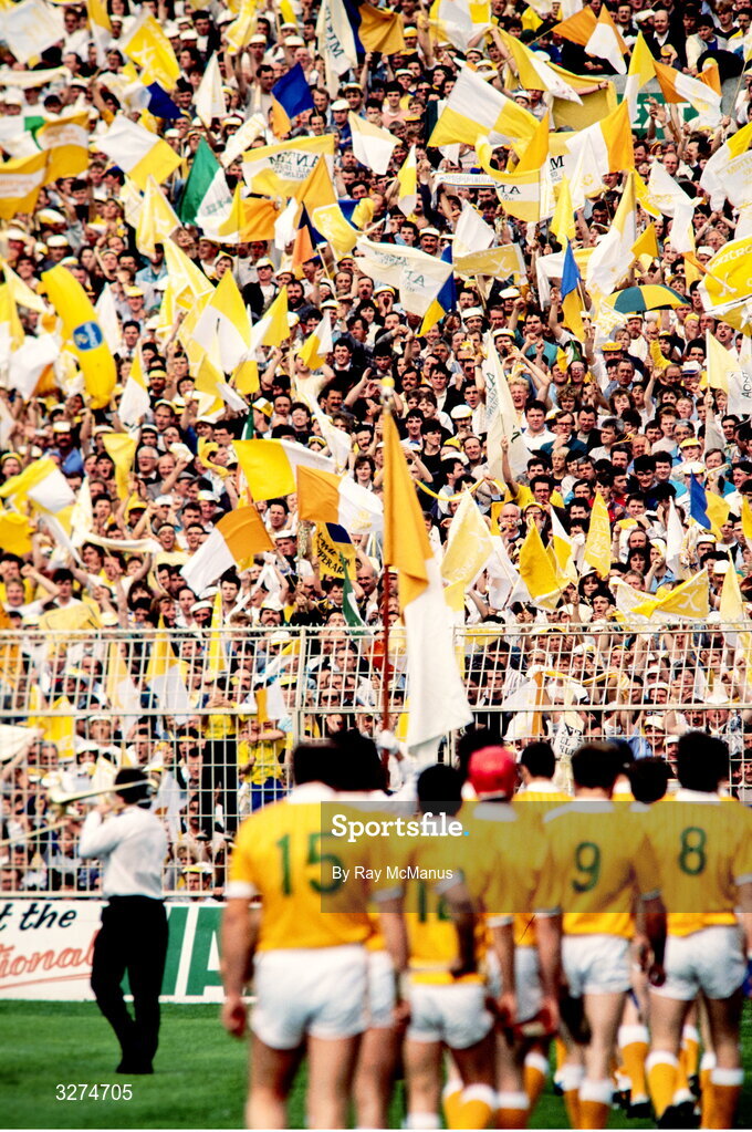 3 September 1989; Antrim flags fly in Hill 16 as the Antrim team march in the parade before the All-Ireland Senior Hurling Championship Final match between Tipperary and Antrim at Croke Park, Dublin. Photo by Ray McManus/Sportsfile