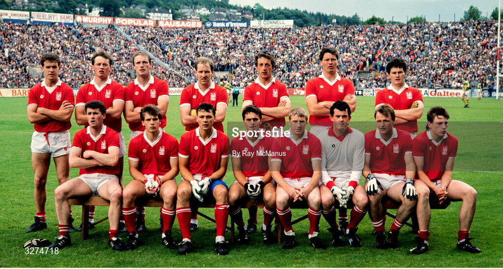 3 July 1988; The Cork team, back, from left, Paul McGrath, Niall Cahalane, Larry Tompkins, Dave Barry, Conor Counihan, Shay Fahy and Denis Walsh, with, front, from left, Michael McCarthy, John O'Driscoll, Tony Davis, Tony Nation, Dinny Allen, John Kerins, Teddy McCarthy and Steven O'Brien before the Munster Senior Football Championship Final match between Cork and Kerry at Páirc Uí Chaoimh in Cork. Photo by Ray McManus/Sportsfile