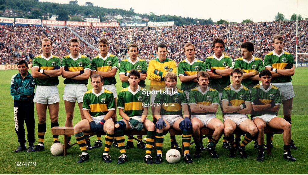 3 July 1988; The Kerry team, back, from left, kitman Leo Griffin, Jack O'Shea, Tom Spillane, Maurice Fitzgerald, Mick Spillane, Charlie Nelligan, Ger Lynch, Ambrose O'Donovan, Willie Maher and Dermot Hanafin, with, front, from left, Mick McAuliffe, Gerard Murphy, Pat Spillane, Connie Murphy, Tommy Doyle and Morgan Nix before the Munster Senior Football Championship Final match between Cork and Kerry at Páirc Uí Chaoimh in Cork. Photo by Ray McManus/Sportsfile