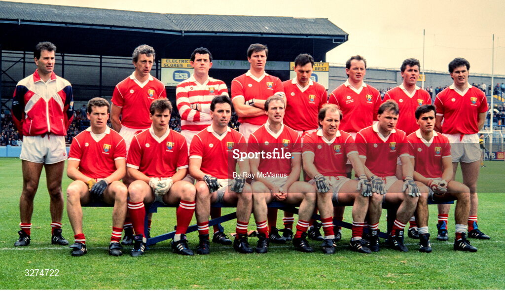 15 April 1990; Cork team, back, from left, Mick Slocum, Conor Counihan, John Kerins, Shay Fahy, Tony Davis, Niall Cahalane, Michael McCarthy and Denis Walsh, with, front, from left, Paul McGrath, John O'Driscoll, Jimmy Kerrigan, Larry Tompkins, Dave Barry, Teddy McCarthy and Tony Nation ahead of the Royal Liver Assurance National Football League Semi-Final match between Meath and Cork at Croke Park in Dublin. Photo by Ray McManus/Sportsfile