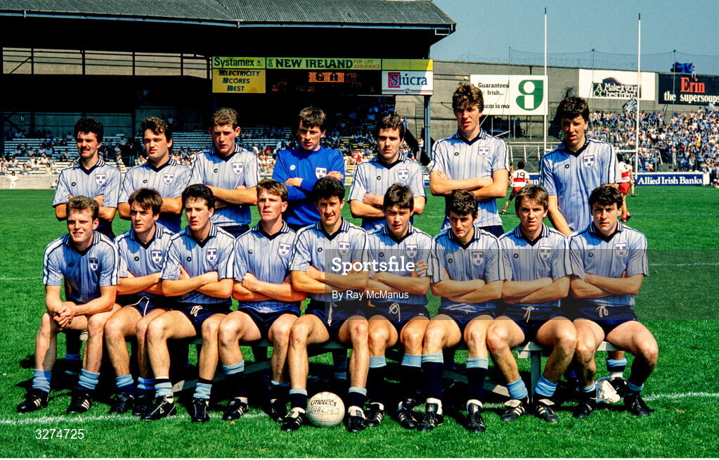 19 August 1984; Dublin minor team, back row, from left, Greg Walsh, Padraig Robinson, John Barry, Martin Broderick, Ciaran Walsh, Jim Stynes and Alan McClean, with, front, from left, Michael Crowley, James Fahy, John Power, Conor Crowley, Paul Clarke, Bob McKeon, Albert Melvin, David Delanne and Niall Clancy before the All-Ireland Minor Football Championship Semi-Final match between Dublin and Derry at Croke Park, Dublin. Photo by Ray McManus/Sportsfile