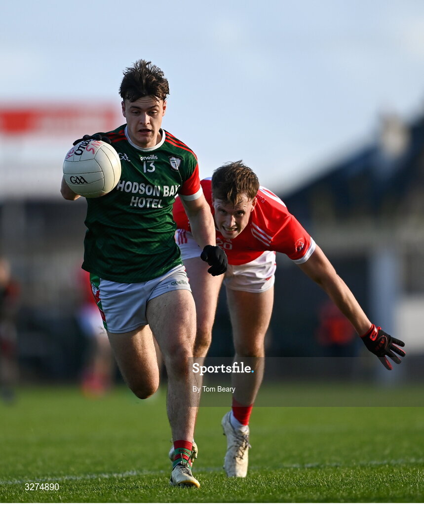 1 November 2025; Ben O’Carroll of St Brigid's in action against Conor Harley of Pádraig Pearses during the Roscommon County Senior Club Football Championship Final Replay between St Brigid's and Pádraig Pearses at King & Moffatt Dr Hyde Park in Roscommon. Photo by Tom Beary/Sportsfile