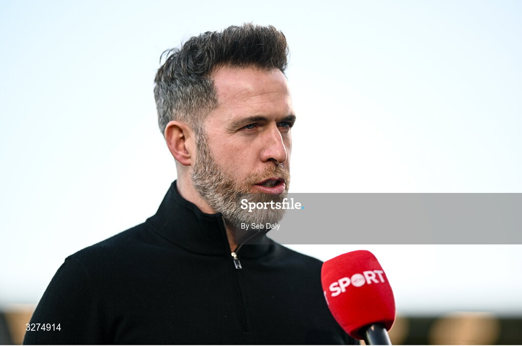 1 November 2025; Shamrock Rovers manager Stephen Bradley is interviewd for Virgin Media Sport before the SSE Airtricity Men's Premier Division match between Shamrock Rovers and Sligo Rovers at Tallaght Stadium in Dublin. Photo by Seb Daly/Sportsfile