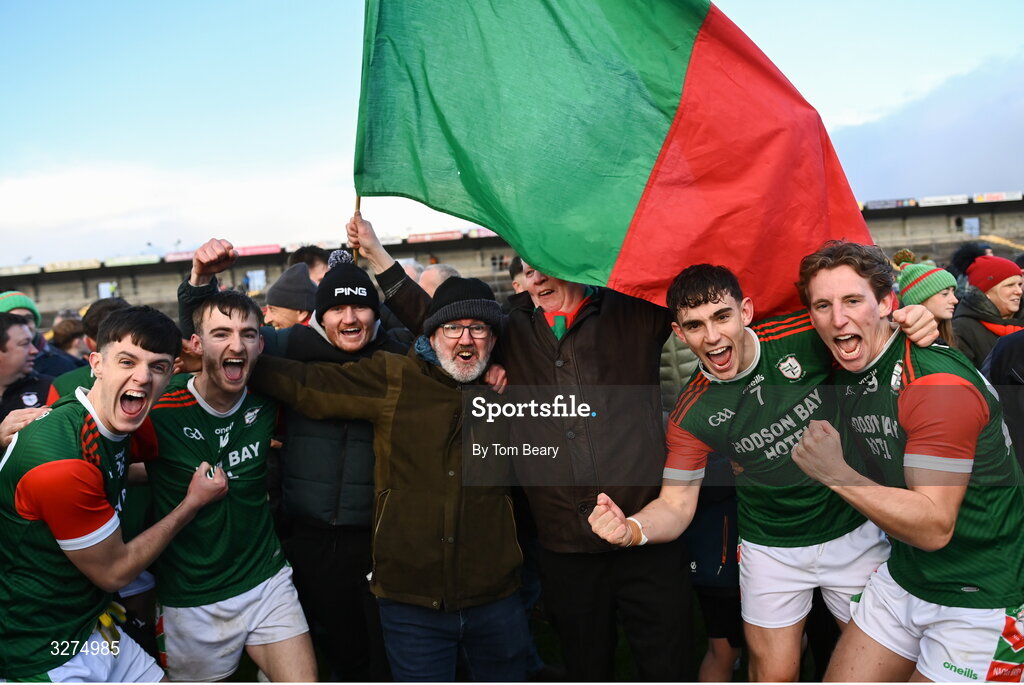1 November 2025; St Brigid's players and supporters celebrate their side’s victory in the Roscommon County Senior Club Football Championship Final Replay between St Brigid's and Pádraig Pearses at King & Moffatt Dr Hyde Park in Roscommon. Photo by Tom Beary/Sportsfile