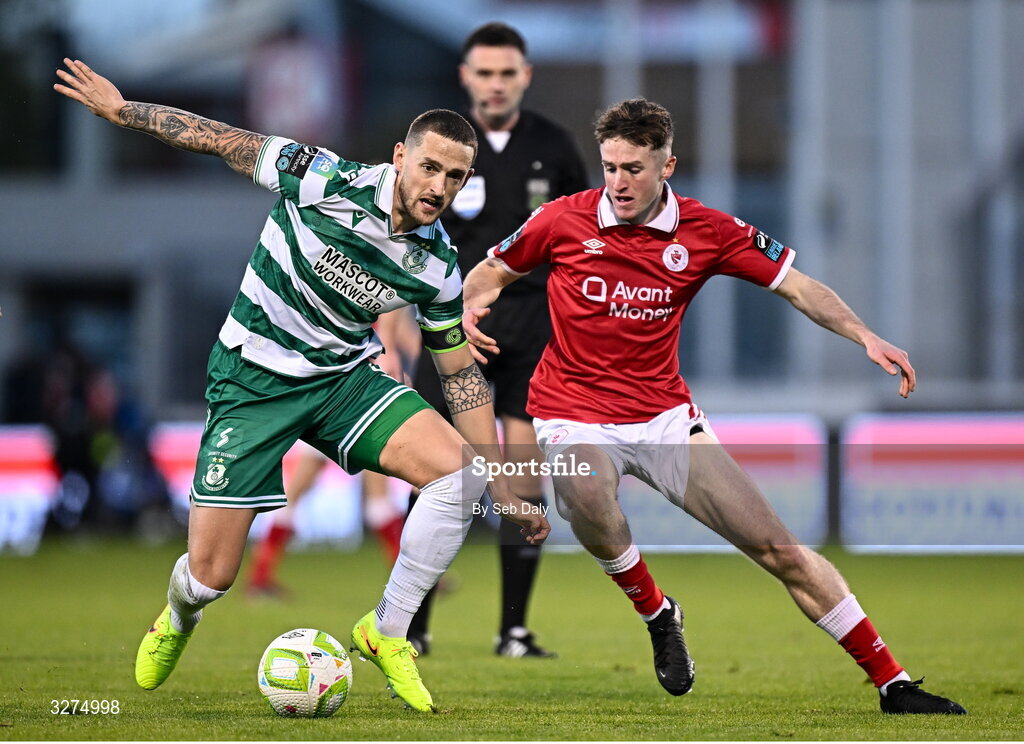 1 November 2025; Lee Grace of Shamrock Rovers in action against James McManus of Sligo Rovers during the SSE Airtricity Men's Premier Division match between Shamrock Rovers and Sligo Rovers at Tallaght Stadium in Dublin. Photo by Seb Daly/Sportsfile
