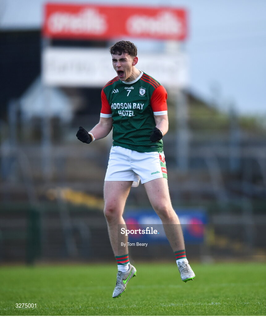 1 November 2025; Eoghan Derwin of St Brigid's celebrates at the final whistle of the Roscommon County Senior Club Football Championship Final Replay between St Brigid's and Pádraig Pearses at King & Moffatt Dr Hyde Park in Roscommon. Photo by Tom Beary/Sportsfile