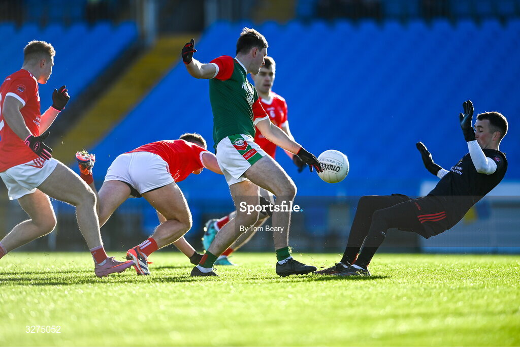 1 November 2025; Brian Stack of St Brigid's has a shot at goal saved by Pádraig Pearses goalkeeper Paul Whelan during the Roscommon County Senior Club Football Championship Final Replay between St Brigid's and Pádraig Pearses at King & Moffatt Dr Hyde Park in Roscommon. Photo by Tom Beary/Sportsfile