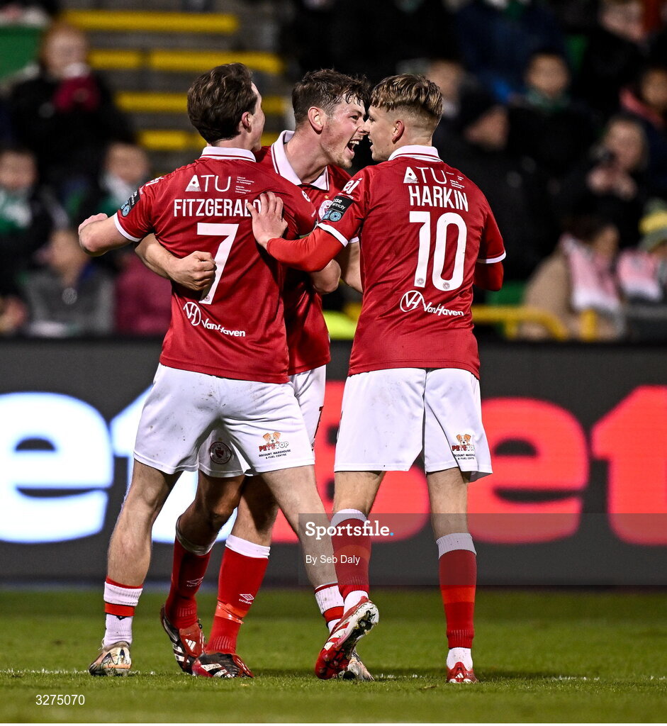 1 November 2025; Ollie Denham of Sligo Rovers, centre, celebrates with teammates Will Fitzgerald, left, and Ciaron Harkin after scoring their side's first goal during the SSE Airtricity Men's Premier Division match between Shamrock Rovers and Sligo Rovers at Tallaght Stadium in Dublin. Photo by Seb Daly/Sportsfile