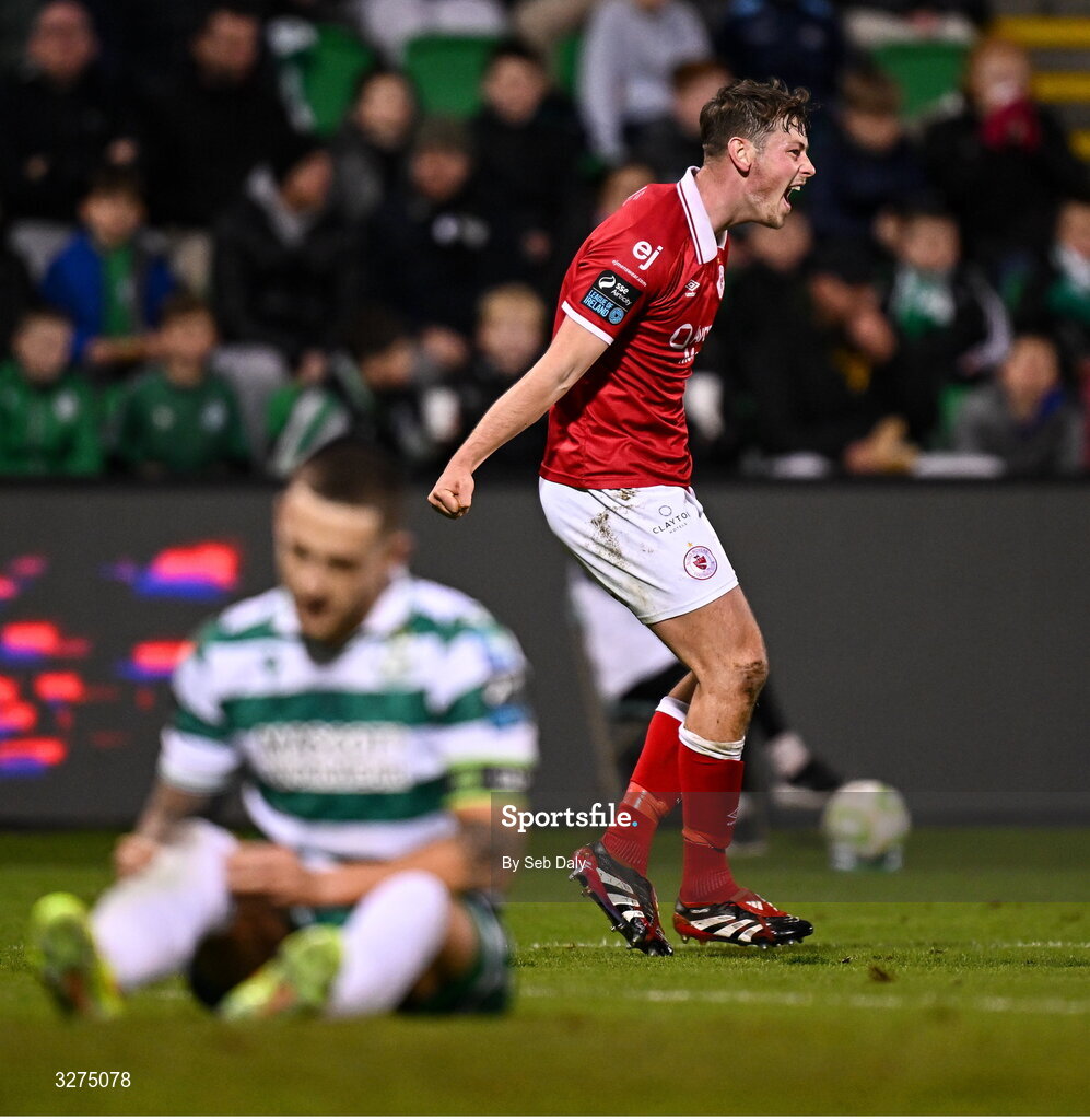 1 November 2025; Ollie Denham of Sligo Rovers celebrates after scoring his side's first goal during the SSE Airtricity Men's Premier Division match between Shamrock Rovers and Sligo Rovers at Tallaght Stadium in Dublin. Photo by Seb Daly/Sportsfile