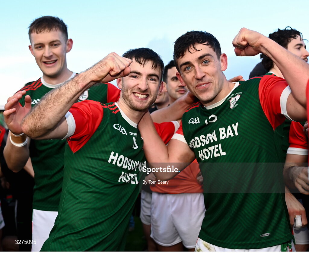 1 November 2025; Paul McGrath, left, and Brian Derwin of St Brigid's after their side’s victory in the Roscommon County Senior Club Football Championship Final Replay between St Brigid's and Pádraig Pearses at King & Moffatt Dr Hyde Park in Roscommon. Photo by Tom Beary/Sportsfile