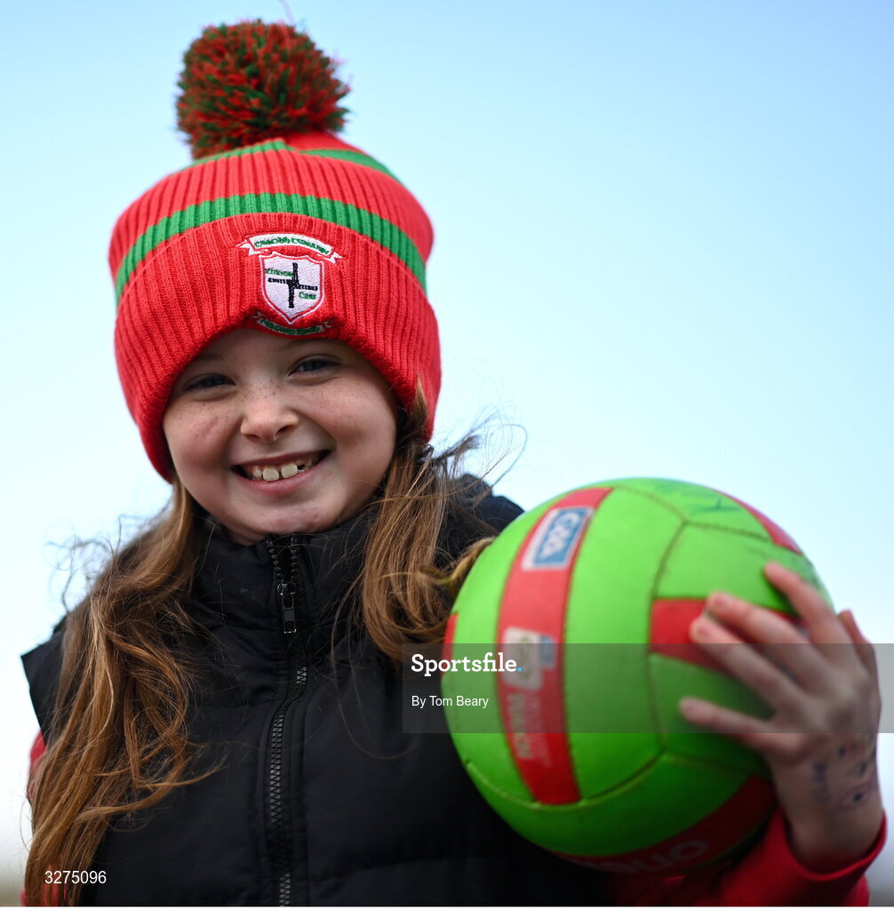 1 November 2025; St Brigid's supporter Chloe Kelly, aged 8, before the Roscommon County Senior Club Football Championship Final Replay between St Brigid's and Pádraig Pearses at King & Moffatt Dr Hyde Park in Roscommon. Photo by Tom Beary/Sportsfile