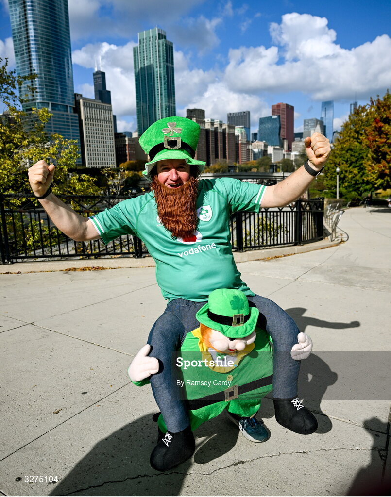 1 November 2025; Ireland supporter Derek Delaney from Dunnamaggin, Kilkenny before the Gallagher Cup match between Ireland and New Zealand at Soldier Field in Chicago, USA. Photo by Ramsey Cardy/Sportsfile