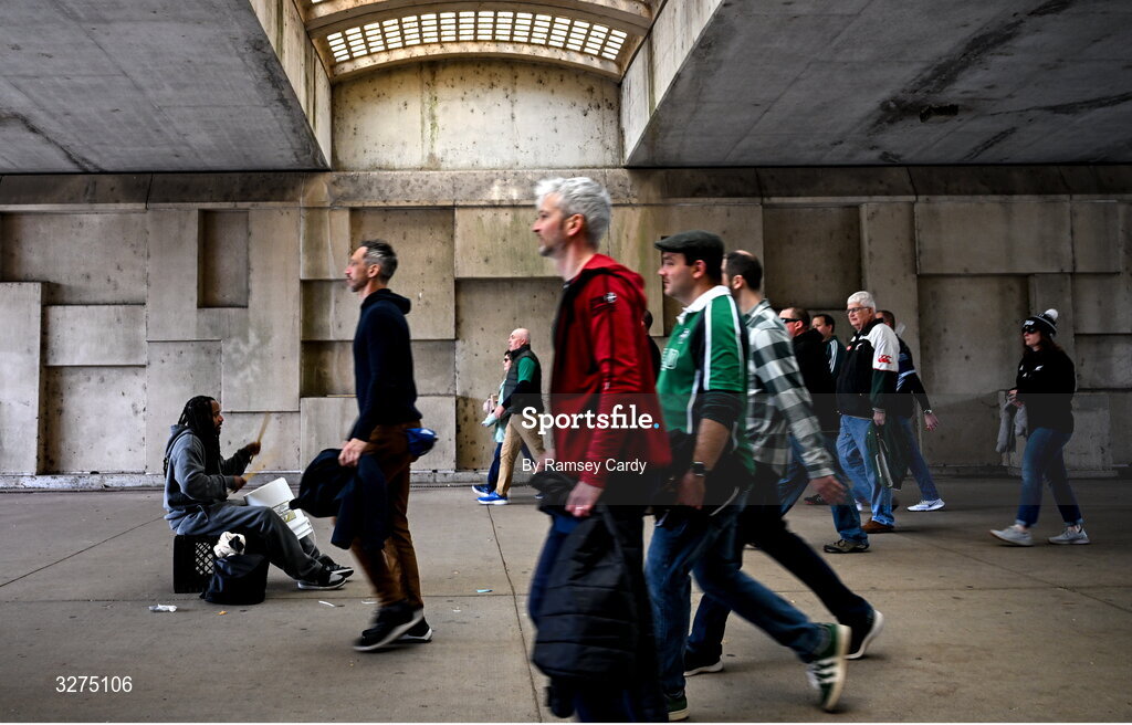 1 November 2025; A drummer entertains supporters as they make their way into the stadium before the Gallagher Cup match between Ireland and New Zealand at Soldier Field in Chicago, USA. Photo by Ramsey Cardy/Sportsfile