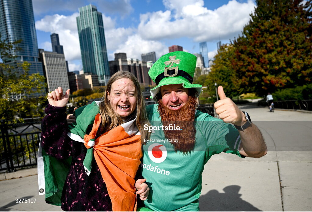 1 November 2025; Ireland supporters Aoife Delaney, left, and Derek Delaney from Dunnamaggin, Kilkenny before the Gallagher Cup match between Ireland and New Zealand at Soldier Field in Chicago, USA. Photo by Ramsey Cardy/Sportsfile
