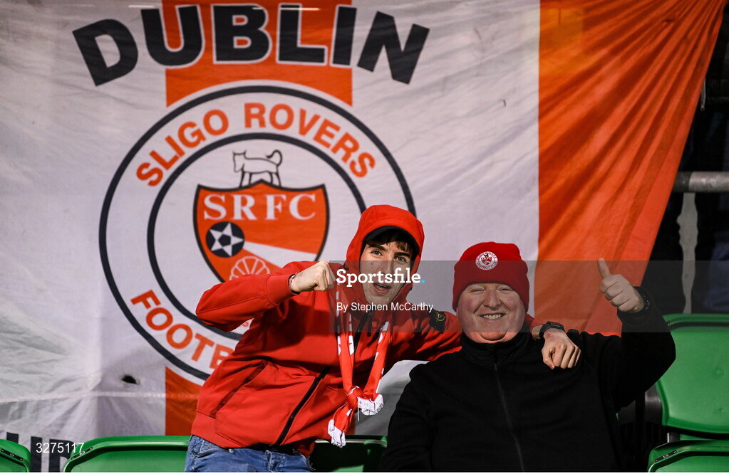 1 November 2025; Sligo Rovers supporters during the SSE Airtricity Men's Premier Division match between Shamrock Rovers and Sligo Rovers at Tallaght Stadium in Dublin. Photo by Stephen McCarthy/Sportsfile