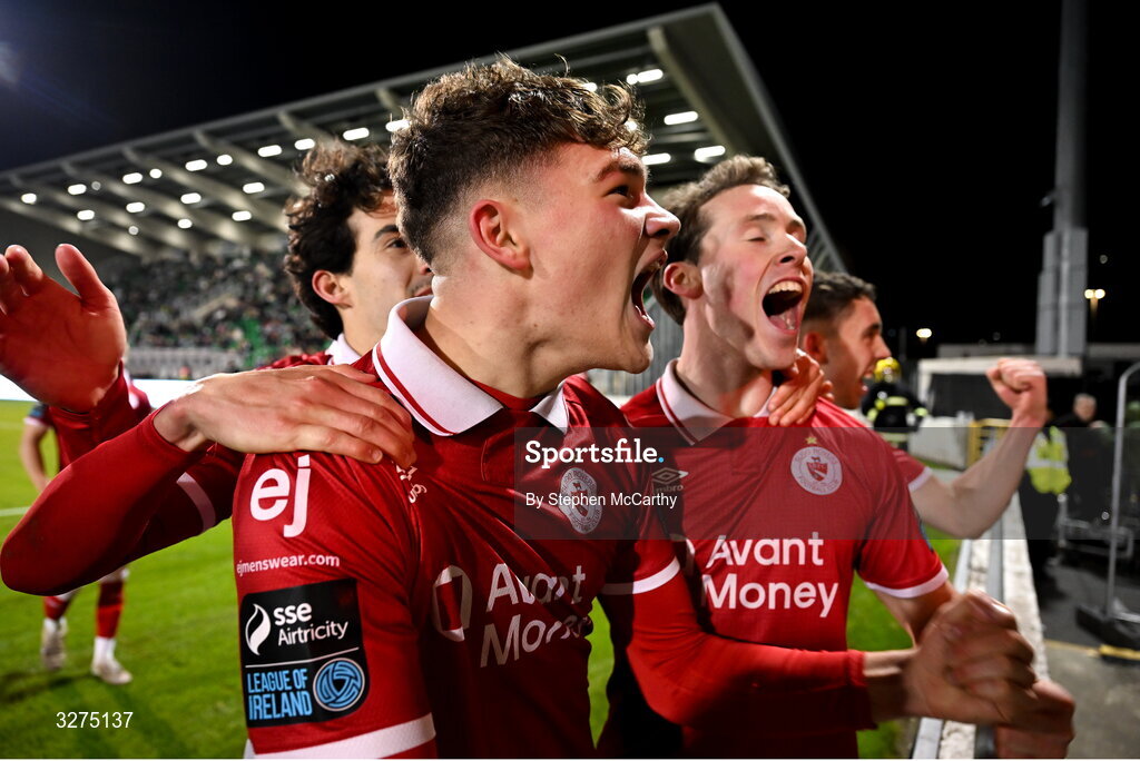 1 November 2025; Owen Elding of Sligo Rovers, centre, celebrates with team-mates after scoring his side's second goal, a penalty, during the SSE Airtricity Men's Premier Division match between Shamrock Rovers and Sligo Rovers at Tallaght Stadium in Dublin. Photo by Stephen McCarthy/Sportsfile
