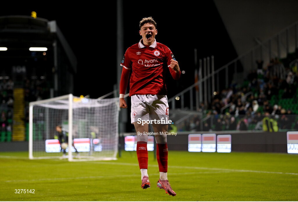 1 November 2025; Owen Elding of Sligo Rovers celebrates after scoring his side's second goal, a penalty, during the SSE Airtricity Men's Premier Division match between Shamrock Rovers and Sligo Rovers at Tallaght Stadium in Dublin. Photo by Stephen McCarthy/Sportsfile
