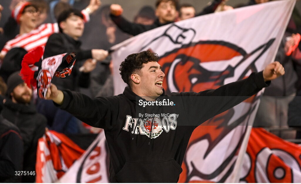 1 November 2025; Sligo Rovers supporters celebrates after Owen Elding scores their side's second goal during the SSE Airtricity Men's Premier Division match between Shamrock Rovers and Sligo Rovers at Tallaght Stadium in Dublin. Photo by Stephen McCarthy/Sportsfile