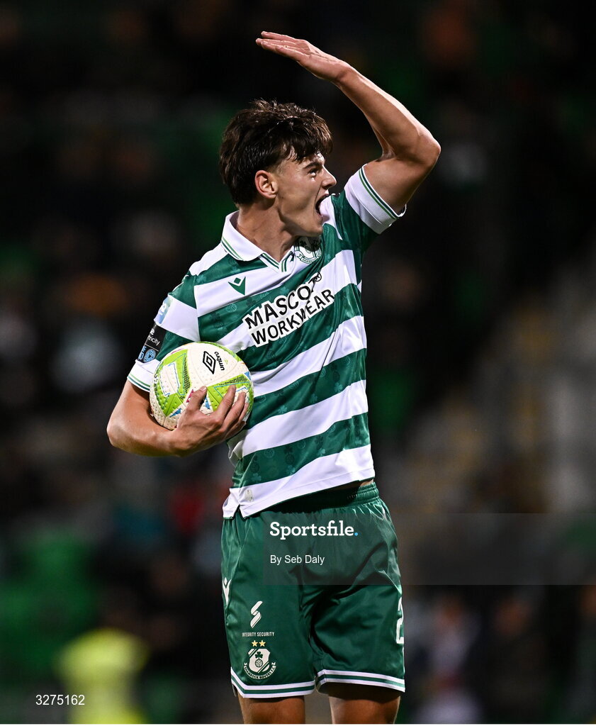 1 November 2025; Egor Vassenin of Shamrock Rovers celebrates after team-mate Adam Matthews, not pictured, scores their side's first goal during the SSE Airtricity Men's Premier Division match between Shamrock Rovers and Sligo Rovers at Tallaght Stadium in Dublin. Photo by Seb Daly/Sportsfile