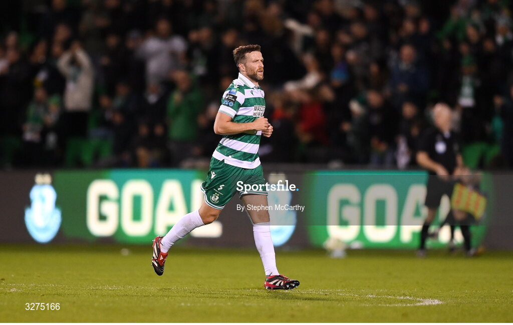 1 November 2025; Adam Matthews of Shamrock Rovers celebrates after scoring his side's first goal during the SSE Airtricity Men's Premier Division match between Shamrock Rovers and Sligo Rovers at Tallaght Stadium in Dublin. Photo by Stephen McCarthy/Sportsfile