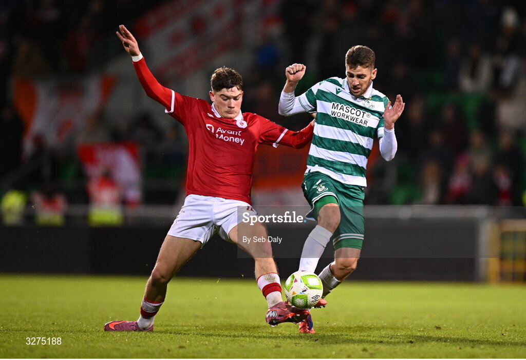 1 November 2025; Dylan Watts of Shamrock Rovers in action against Owen Elding of Sligo Rovers during the SSE Airtricity Men's Premier Division match between Shamrock Rovers and Sligo Rovers at Tallaght Stadium in Dublin. Photo by Seb Daly/Sportsfile